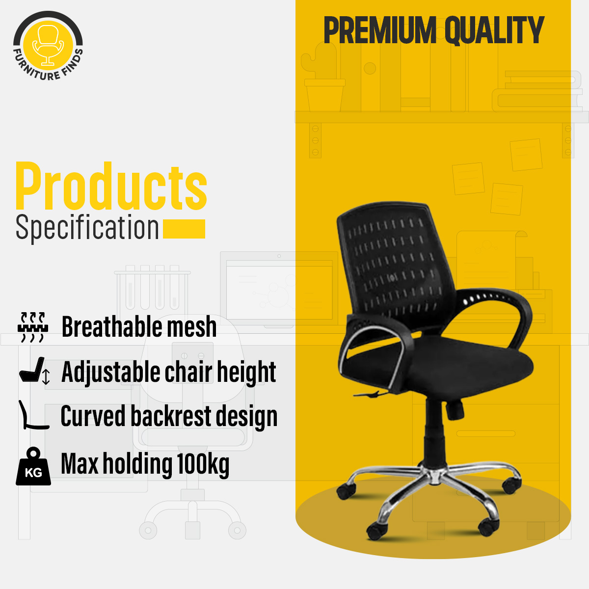 Picture of FF-EC-03ss Smart Office Executive Chair (best Back Support Chair ) Dim-Mesh (Black)