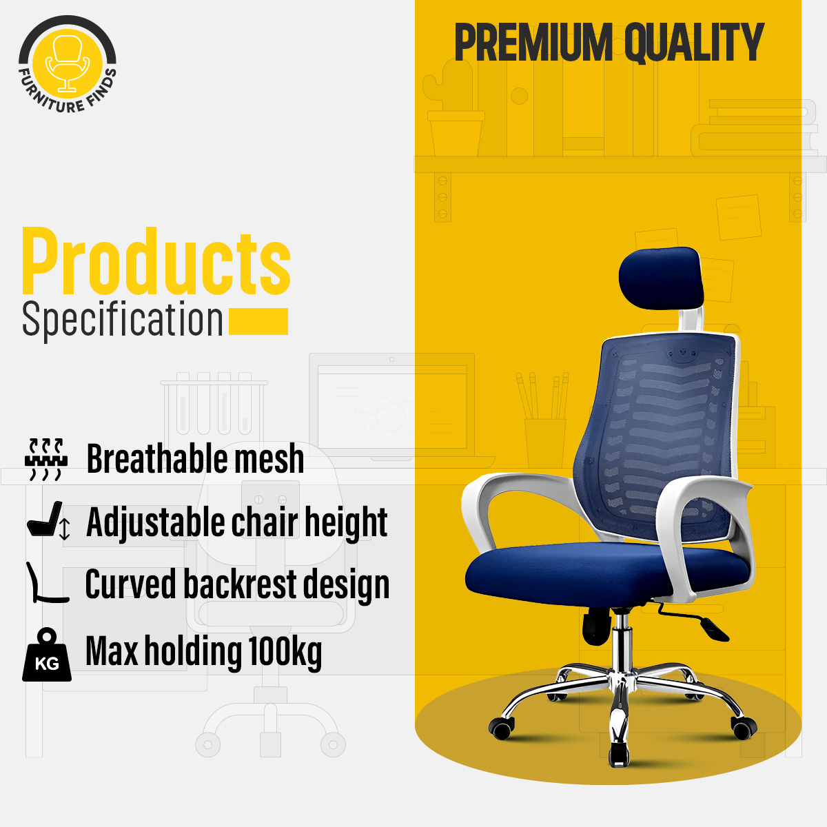 Picture of FF-EC-07ss ( white&blue) Smart Office Manager chair with Headrest (V-Mesh)
