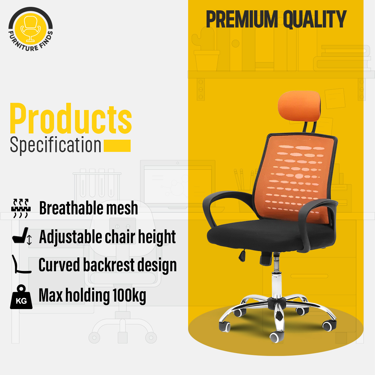 Picture of FF-EC-05ss Executive chair with headrest  (Orange)