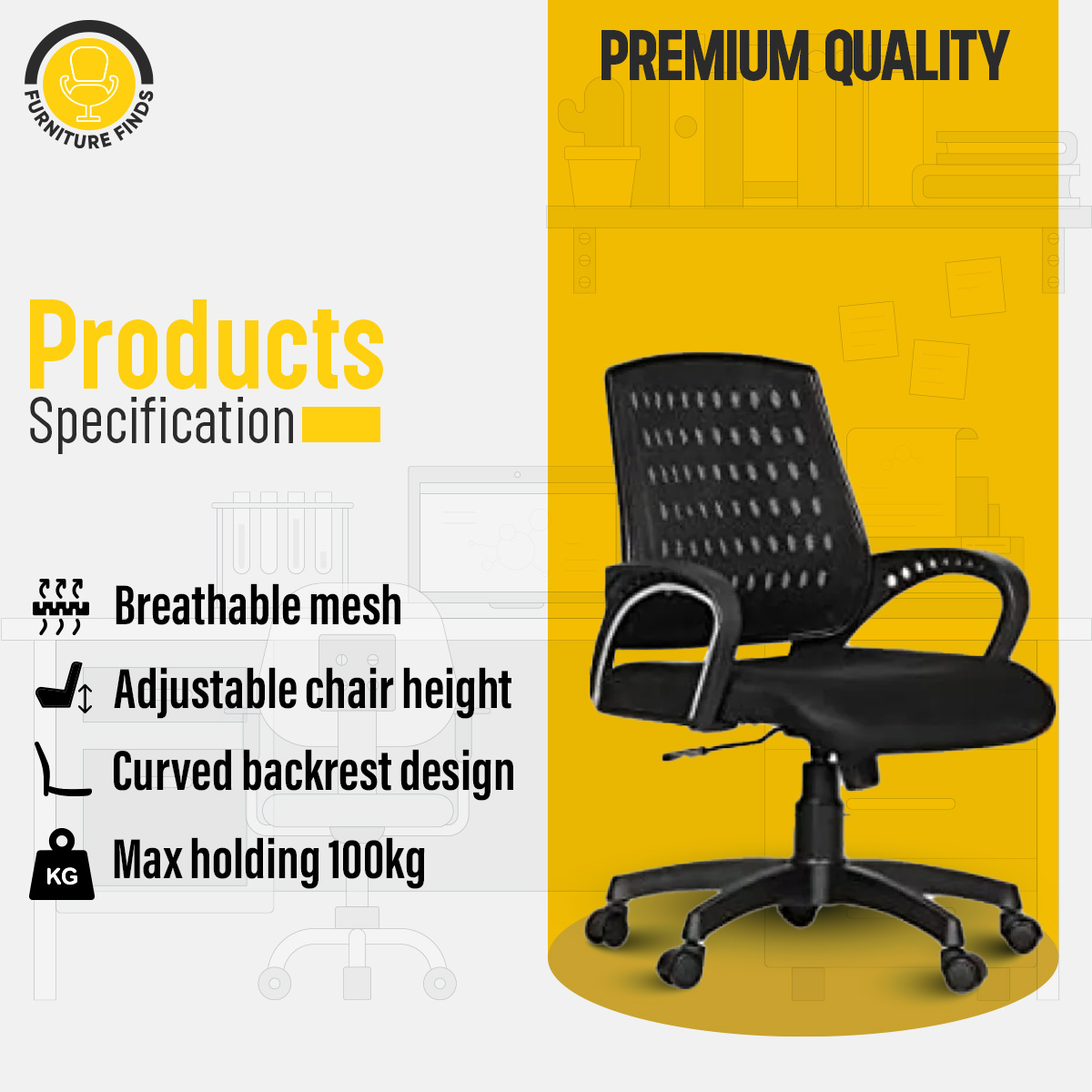 Picture of FF-EC-03p Smart Office Executive Chair (Best Back Support Chair ) Dim-Mesh (Black)