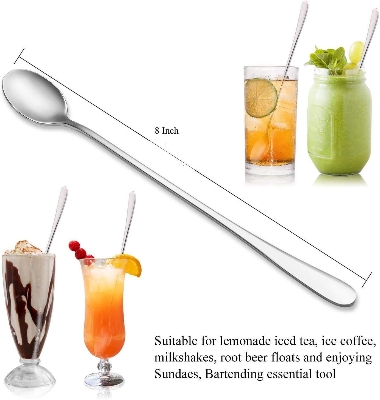 Picture of Stainless Steel Long Tea Spoon 8 inch (6 Pis Set) Long Handle Spoons, Food Grade Stainless Steel, Long Handle Spoon for Ice Cream, iced Coffee, iced Tea, Milkshake, Tea and Other Desserts (Silver)