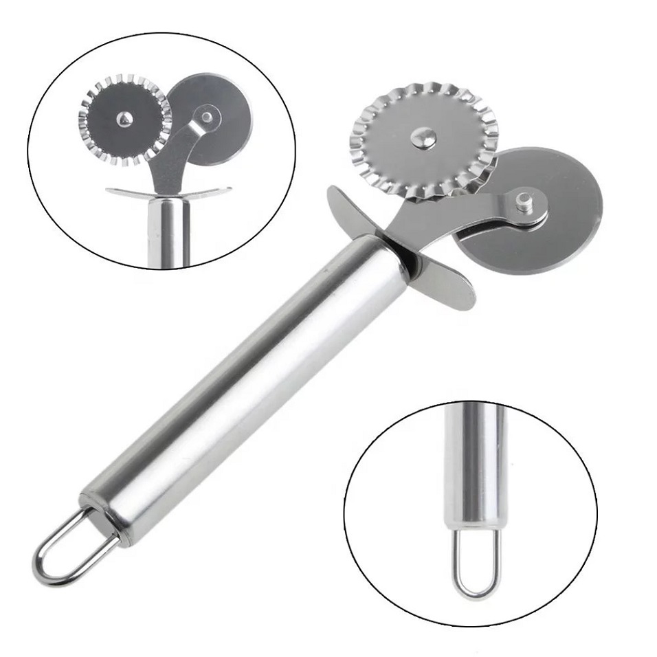 Picture of Double Roller Stainless Steel Pizza Cutter Utensils Pizza Tools Cake Tools Pizza Slicer Peel (Silver)