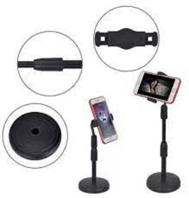 Picture of Desktop mobile phone holder stand 360 rotate for Live video, 360 Rotate Mobile Phone Holder Desktop Stand Adjustable height for Live Streaming Shoot Video Round Base Smartphone (Black)