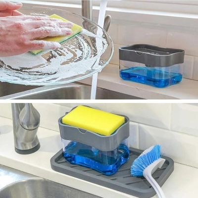 Picture of 2 In1 Kitchen Liquid Soap Pump Dispenser Sponge Holder Press Countertop Rack With Sponge Holder Kitchen Cleaner Tool Gray (Multicolor)