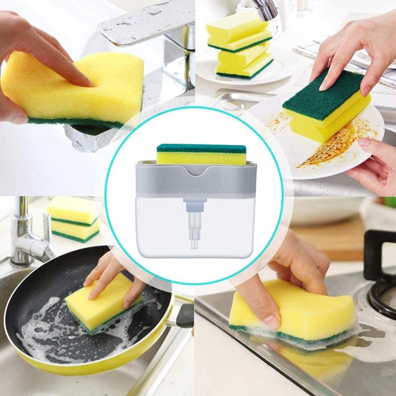 Picture of 2 In1 Kitchen Liquid Soap Pump Dispenser Sponge Holder Press Countertop Rack With Sponge Holder Kitchen Cleaner Tool Gray (Multicolor)