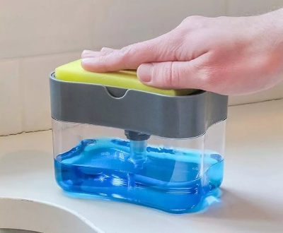 Picture of 2 In1 Kitchen Liquid Soap Pump Dispenser Sponge Holder Press Countertop Rack With Sponge Holder Kitchen Cleaner Tool Gray (Multicolor)