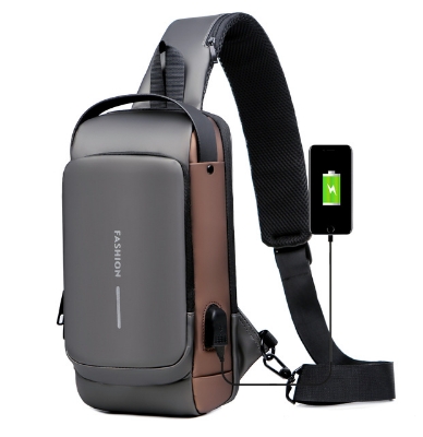 Picture of Multifunction Patent Leather Chest Bag Men Waterproof Men Crossbody Bag Anti-theft Travel Bag Male USB Charging Chest Bag Pack (Brown)