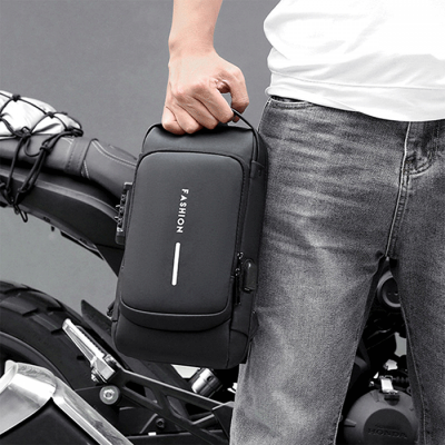 Picture of Multifunction Patent Leather Chest Bag Men Waterproof Men Crossbody Bag Anti-theft Travel Bag Male USB Charging Chest Bag Pack (Black)