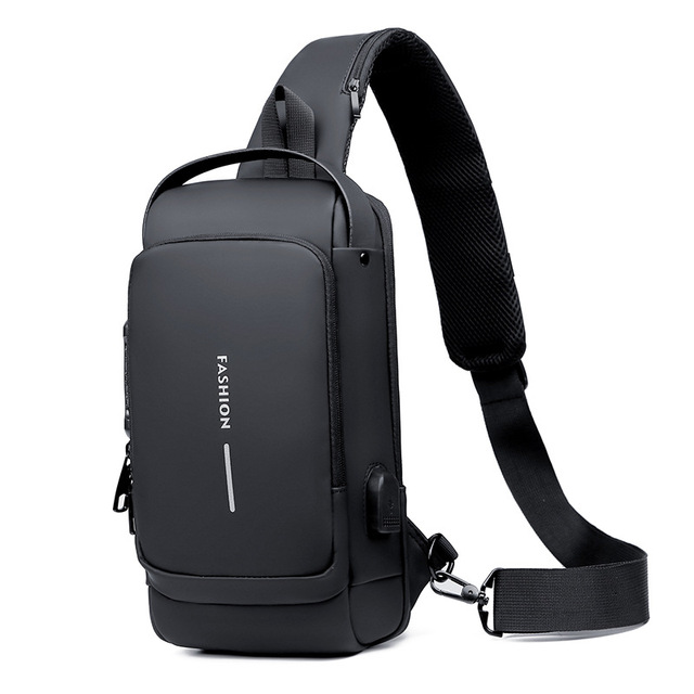 Picture of Multifunction Patent Leather Chest Bag Men Waterproof Men Crossbody Bag Anti-theft Travel Bag Male USB Charging Chest Bag Pack (Black)