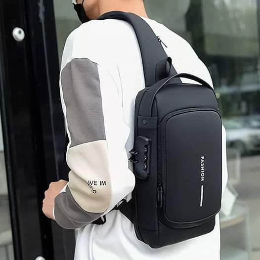 Picture of Multifunction Patent Leather Chest Bag Men Waterproof Men Crossbody Bag Anti-theft Travel Bag Male USB Charging Chest Bag Pack (Black)