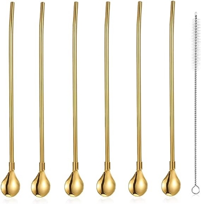 Picture of Gold Iced Tea Spoon With Straw Handle For Drinking, 8.7" Stainless Steel Long Handle Titanium Gold Plating Bar Spoon Silverware For Cocktail, Ice Cream, Mixing and Stirring (6 Pieces)
