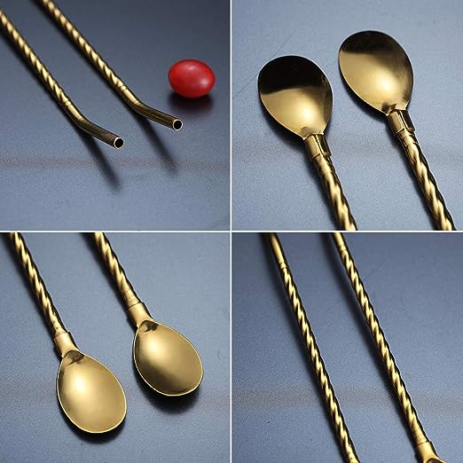 Picture of Gold Iced Tea Spoon With Straw Handle For Drinking, 8.7" Stainless Steel Long Handle Titanium Gold Plating Bar Spoon Silverware For Cocktail, Ice Cream, Mixing and Stirring (6 Pieces)