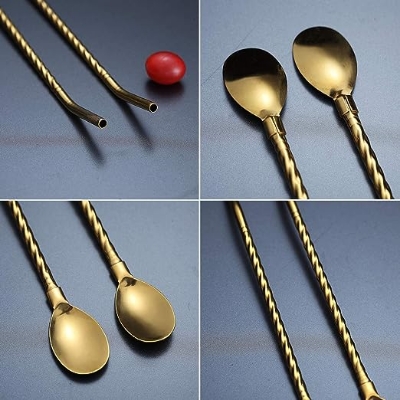 Picture of Gold Iced Tea Spoon With Straw Handle For Drinking, 8.7" Stainless Steel Long Handle Titanium Gold Plating Bar Spoon Silverware For Cocktail, Ice Cream, Mixing and Stirring (6 Pieces)