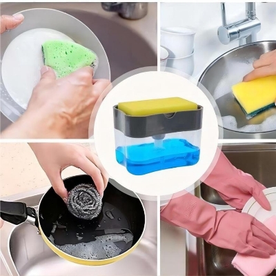 Picture of Kitchen Liquid Soap Pump / Dispenser Sponge Holder Press Countertop Rack With Sponge Holder / Kitchen Cleaner Tool / Dish Soap And Sponge / dish washer / Dish Cleaner / dish Liquid Pump 