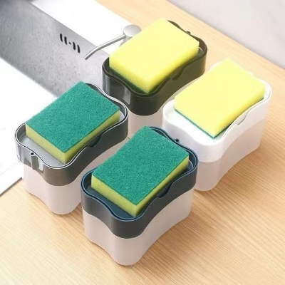 Picture of Kitchen Liquid Soap Pump / Dispenser Sponge Holder Press Countertop Rack With Sponge Holder / Kitchen Cleaner Tool / Dish Soap And Sponge / dish washer / Dish Cleaner / dish Liquid Pump 