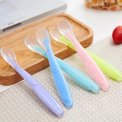 Picture of Cute Baby Silicone Spoon BPA Free Non-toxic Newborn Training Long Handle Baby Spoon Soft Head Eating Spoon