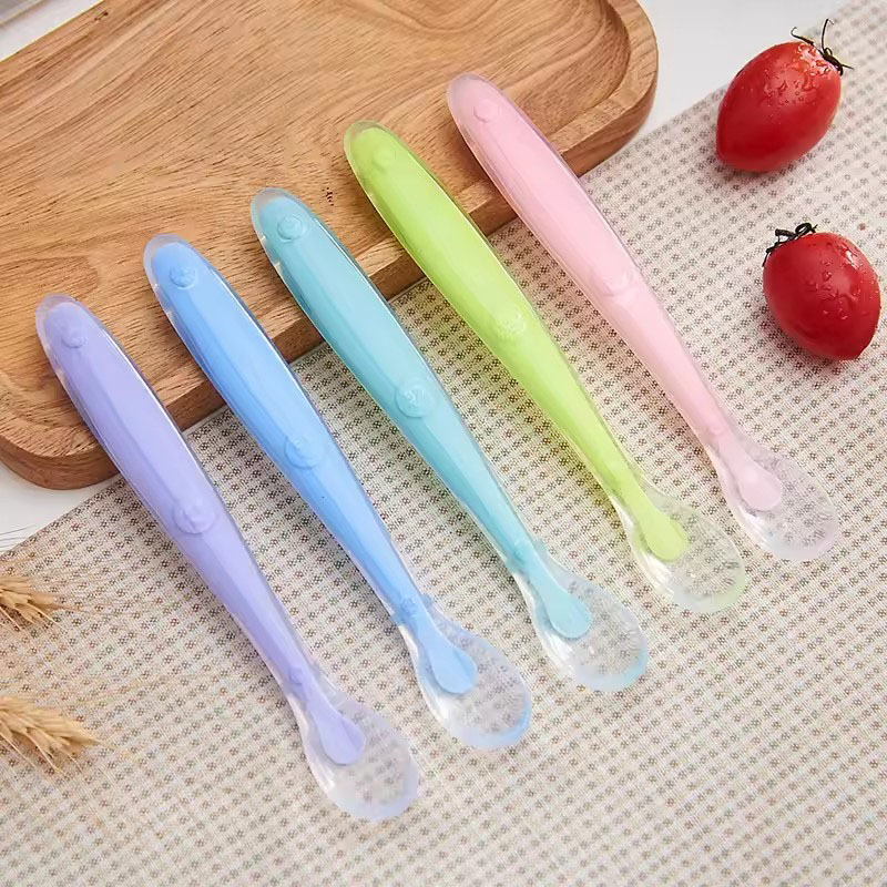 Picture of Cute Baby Silicone Spoon BPA Free Non-toxic Newborn Training Long Handle Baby Spoon Soft Head Eating Spoon