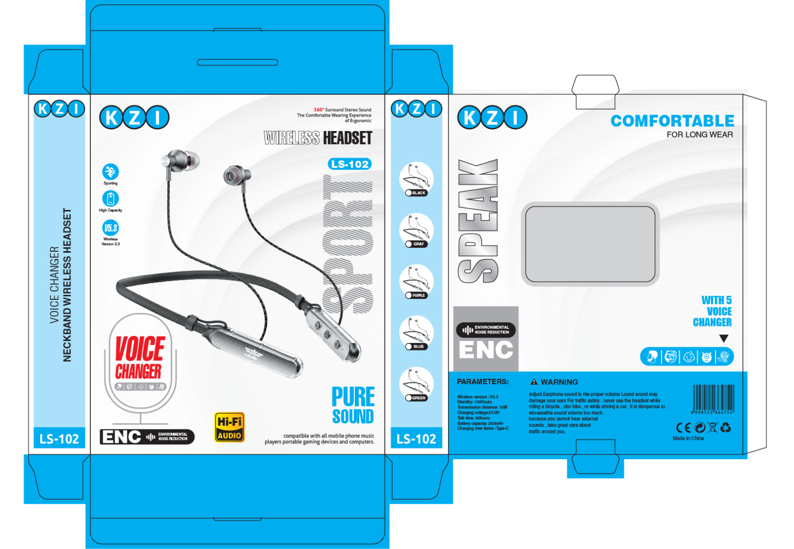 Picture of KZI LS-102 Voice Changer ENC Neckband Bluetooth Headset BT5.3 - Enhanced Noise Cancellation(ENC) - Stereo Music