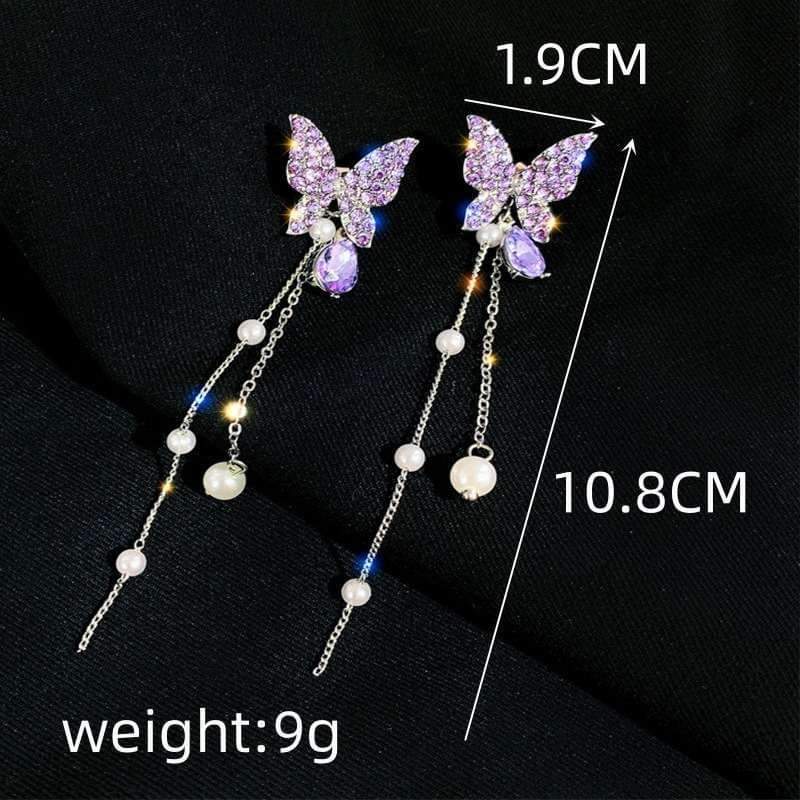 Picture of Trendy Korean Fashionable Crystal Butterfly Dangle Earrings Tassel Elegant Female Pearl Earings for Women