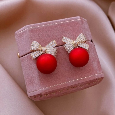 Picture of Trendy Cute Crystal Cherry Rhinestone New Stud Earrings for Women Luxury Design Earrings French Retro Style Diamond Encrusted Jewelry