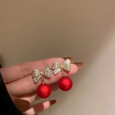 Picture of Trendy Cute Crystal Cherry Rhinestone New Stud Earrings for Women Luxury Design Earrings French Retro Style Diamond Encrusted Jewelry