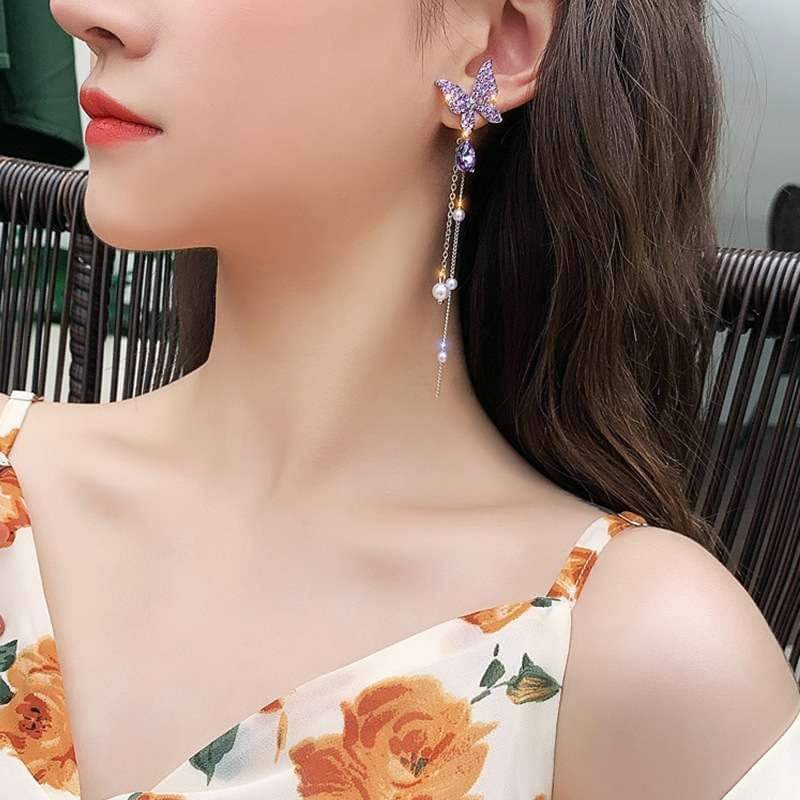 Picture of Trendy Korean Fashionable Crystal Butterfly Dangle Earrings Tassel Elegant Female Pearl Earings for Women Girl Party & Woman