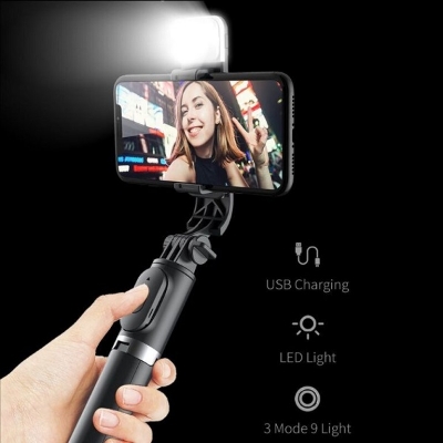 Picture of P20S Bluetooth Integrated Selfie Stick with Light and Bluetooth Remote Control - Stainless Steel, ABS plastic, A CR Button cel