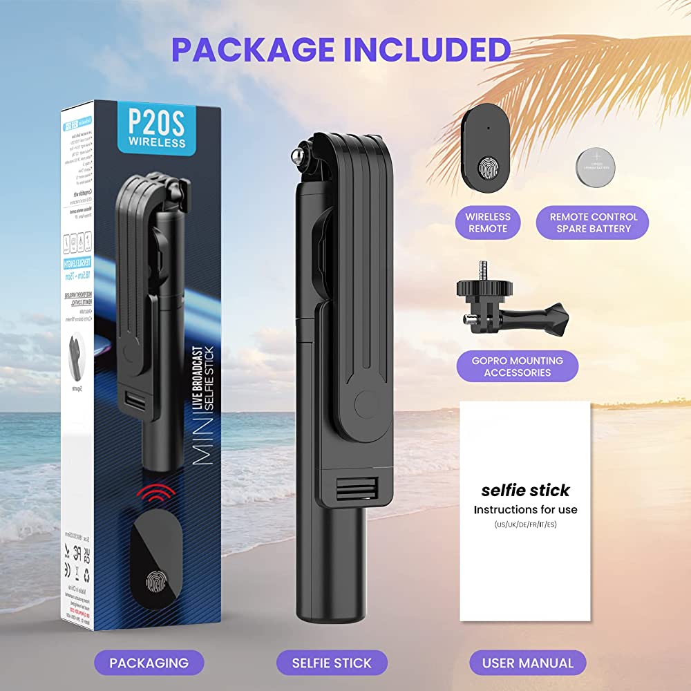Picture of P20S Bluetooth Integrated Selfie Stick with Light and Bluetooth Remote Control - Stainless Steel, ABS plastic, A CR Button cel