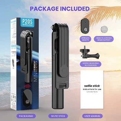 Picture of P20S Bluetooth Integrated Selfie Stick with Light and Bluetooth Remote Control - Stainless Steel, ABS plastic, A CR Button cel
