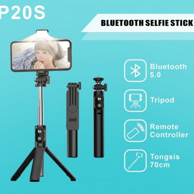 Picture of P20S Bluetooth Integrated Selfie Stick with Light and Bluetooth Remote Control - Stainless Steel, ABS plastic, A CR Button cel