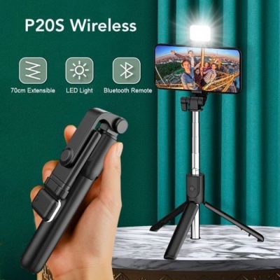 Picture of P20S Bluetooth Integrated Selfie Stick with Light and Bluetooth Remote Control - Stainless Steel, ABS plastic, A CR Button cel