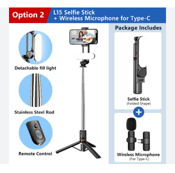 Picture of L15 Selfie Stick with Fill Light Foldable Mini Tripod Photo Live Wireless Bluetooth Remote Shutter for IOS Android Smartphones