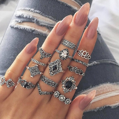 Picture of 15 Piece/Set Bohemian Retro Crystal Flower Leaves Leaves Blank Padma Gem Silver Ring