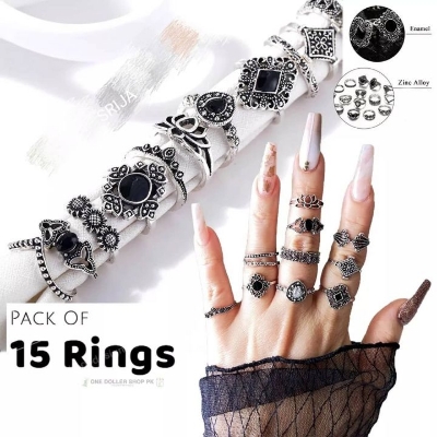 Picture of 15 Piece/Set Bohemian Retro Crystal Flower Leaves Leaves Blank Padma Gem Silver Ring