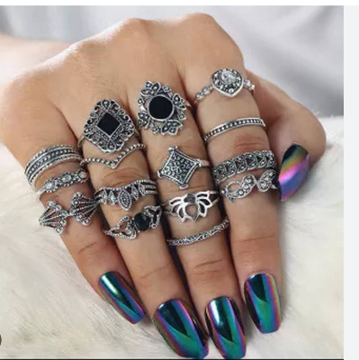 Picture of 15 Piece/Set Bohemian Retro Crystal Flower Leaves Leaves Blank Padma Gem Silver Ring