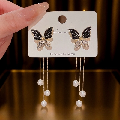 Picture of Unique Design Elegant Delicate Light Luxury Black Butterfly Earrings Women Jewelry Party Premium Gifts