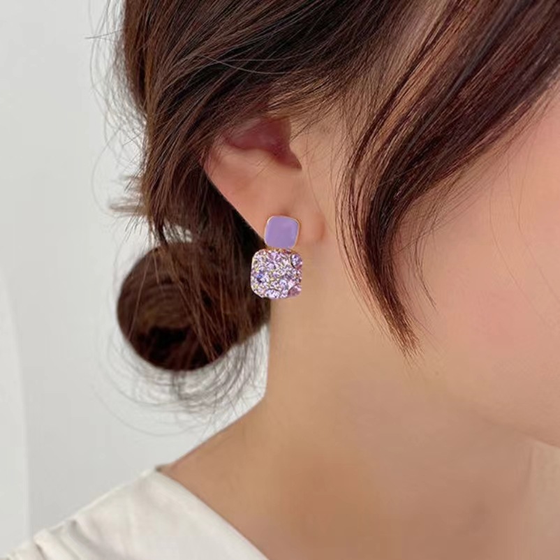 Picture of Luxury Female Crystal Zircon Stone Earrings Purple Color Jewelry Vintage Double Stud Earrings For Women