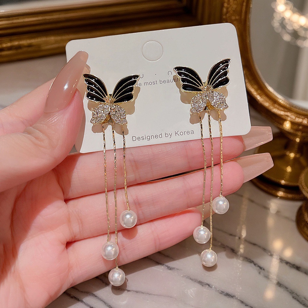 Picture of Unique Design Elegant Delicate Light Luxury Black Butterfly Earrings Women Jewelry Party Premium Gifts