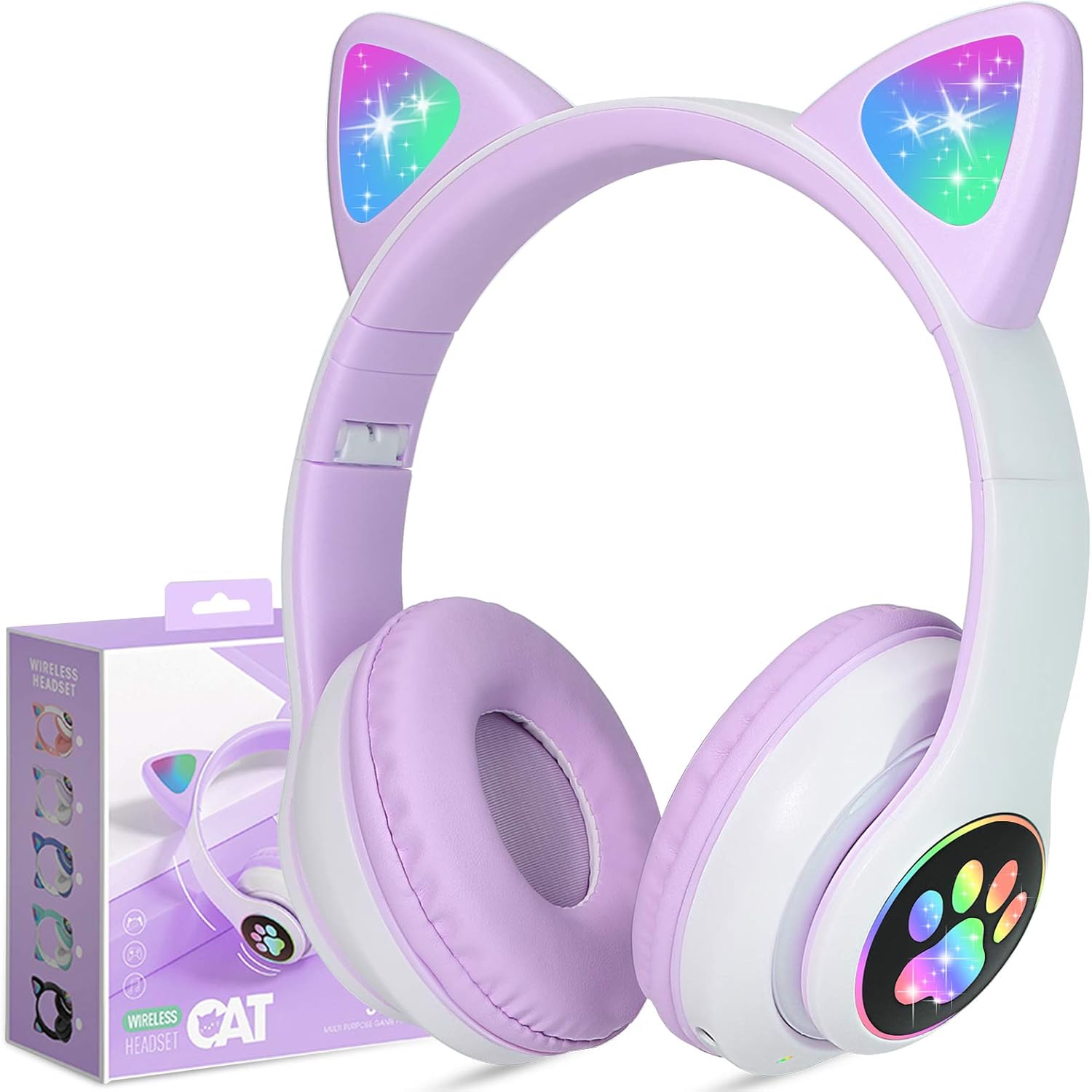 Picture of CAT STN-28 Over Ear Music Headset Glowing Ear Headphones Foldable Wireless BT5.0 Earphone with Mic AUX IN TF Card MP3 Player Colorful LED Lights for PC Laptop Computer Mobile Phone