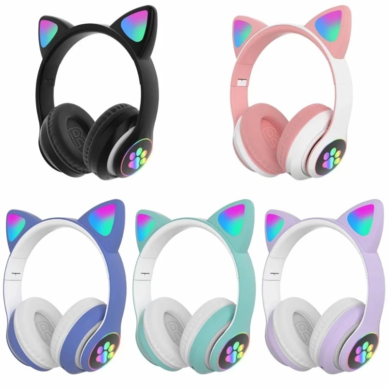 Picture of CAT STN-28 Over Ear Music Headset Glowing Ear Headphones Foldable Wireless BT5.0 Earphone with Mic AUX IN TF Card MP3 Player Colorful LED Lights for PC Laptop Computer Mobile Phone