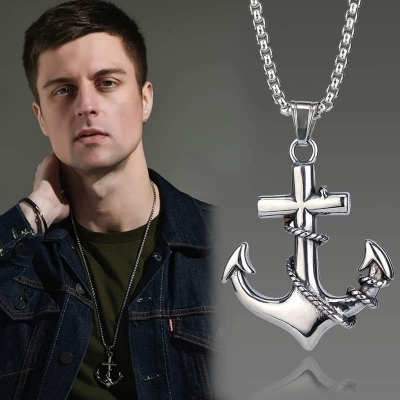 Picture of Silver Stainless Steel Vintage Caribbean Pirate Anchor Pendant Men's Necklace Silver 