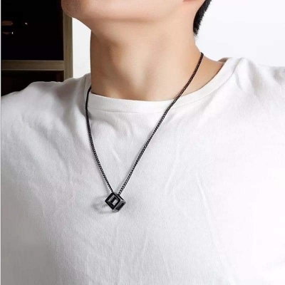 Picture of Black Hollow Cube Pendant Men's Necklace Black 