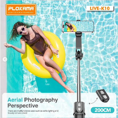 Picture of PLOKAMA Live K10 Selfie Stick Tripod 200CM Mobile Stick Chargeable Bluetooth DSLR Camera Stand Ring light Stand Vlog Stick Mobile Stand Foldable 360 Rotatable Tiktok Stand