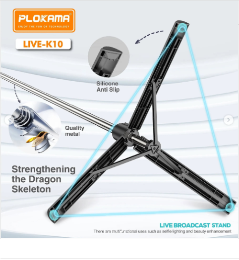 Picture of PLOKAMA Live K10 Selfie Stick Tripod 200CM Mobile Stick Chargeable Bluetooth DSLR Camera Stand Ring light Stand Vlog Stick Mobile Stand Foldable 360 Rotatable Tiktok Stand