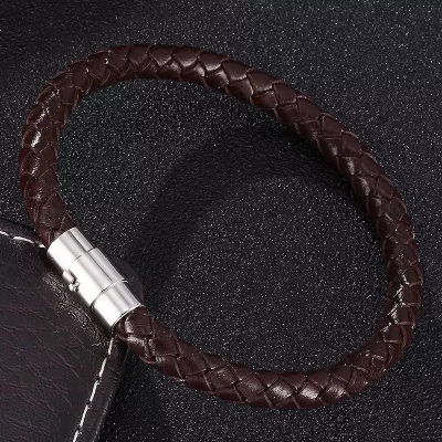 Picture of Men Brown Leather Charm Wristband Stainless Steel Magnetic Clasp Bracelet Brown Adjustable