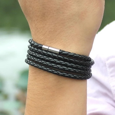 Picture of Bracelet Leather Wristband Interlaced Cuff Bangle 3 Wrap Around Rope Bracelet Black Adjustable