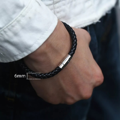Picture of Men Black Leather Charm Wristband Stainless Steel Magnetic Clasp Bracelet Black Adjustable