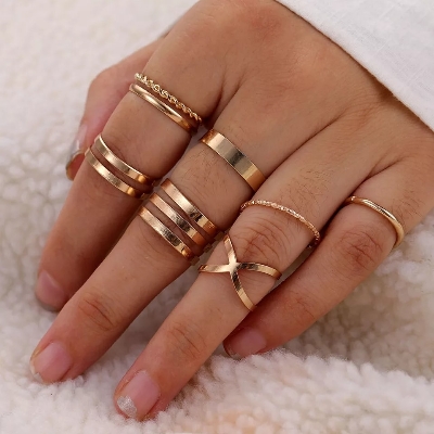 Picture of 8pcs  Multi-layer Adjustable Chain Open Finger Ring For Women Gold Adjustable