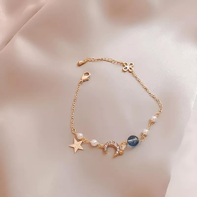 Picture of Korean Simple Pearl Star Moon Crystal Bracelet Blue 