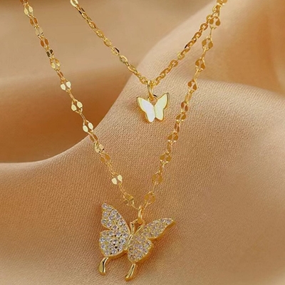 Picture of Women Double Layer Pendant Clavicle Chain Silver Butterfly Necklace Chain  Adjustable